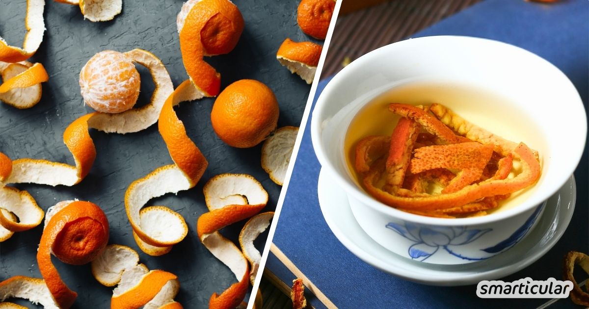 Statt sie wegzuwerfen, kannst du aus Orangenschalen einen fruchtigen Orangenschaltentee selber machen - frisch oder aus getrocknten Schalen.
