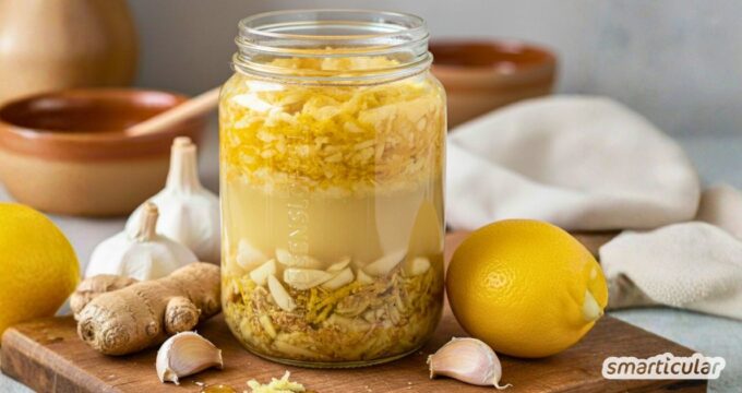 Probiere dieses einfache Ingwer-Knoblauch-Zitrone-Honig-Trunk-Rezept. Du erhältst das beste Hausmittel für die Grippe- und Erkältungssaison.