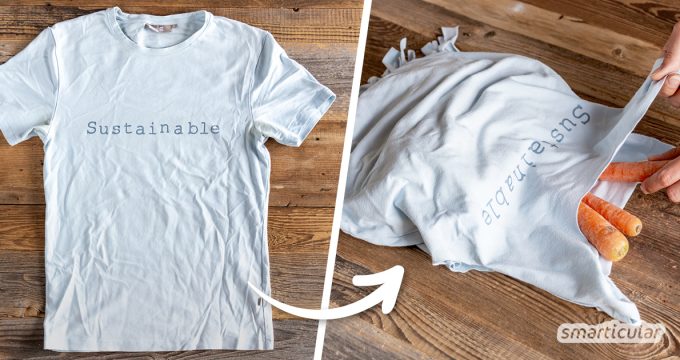 Ein altes, ausgeleiertes T-Shirs muss nicht in der Altkleidersammlung oder im Müll landen. Du kannst es ruckzuck zu einem Einkaufsbeuteln upcyceln - sogar ohne Nähen!