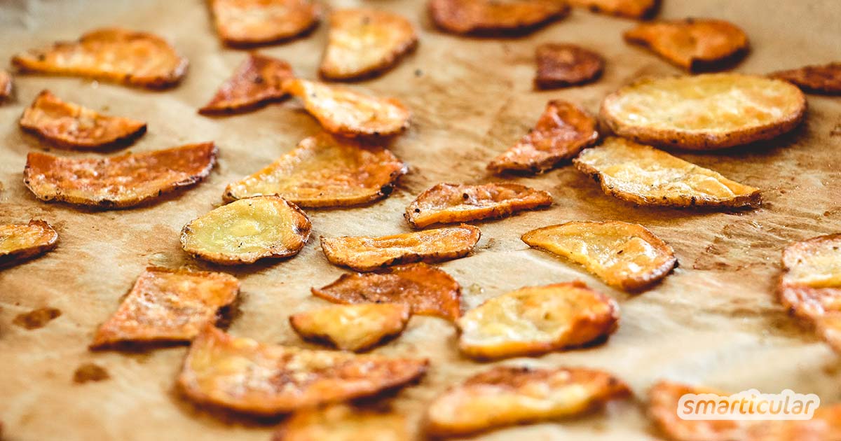 Der Snack am Abend ist ungesund und macht schnell dick. Dabei kann man leckere und gesunde Kartoffelchips und auch Zucchinichips leicht selber herstellen.