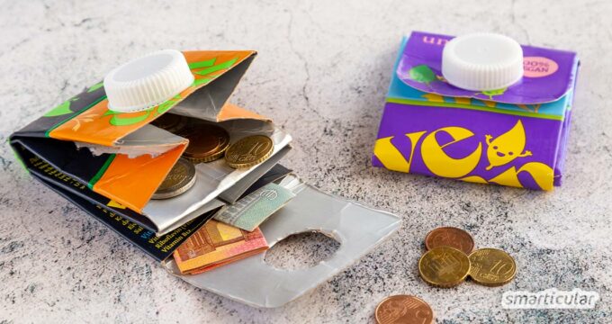 Einen Geldbeutel aus Milchkarton zu basteln, ist ein originelles Upcycling-Projekt, das sich auch für Kinder eignet.