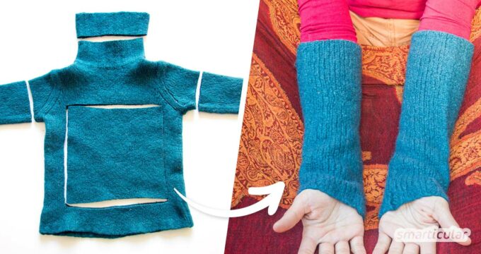 Eingelaufene Wollpullover lassen sich noch vielseitig verwenden. Du kannst zum Beispiel Stulpen, Sitzkissen oder eine Flaschenhülle aus dem Filz nähen.