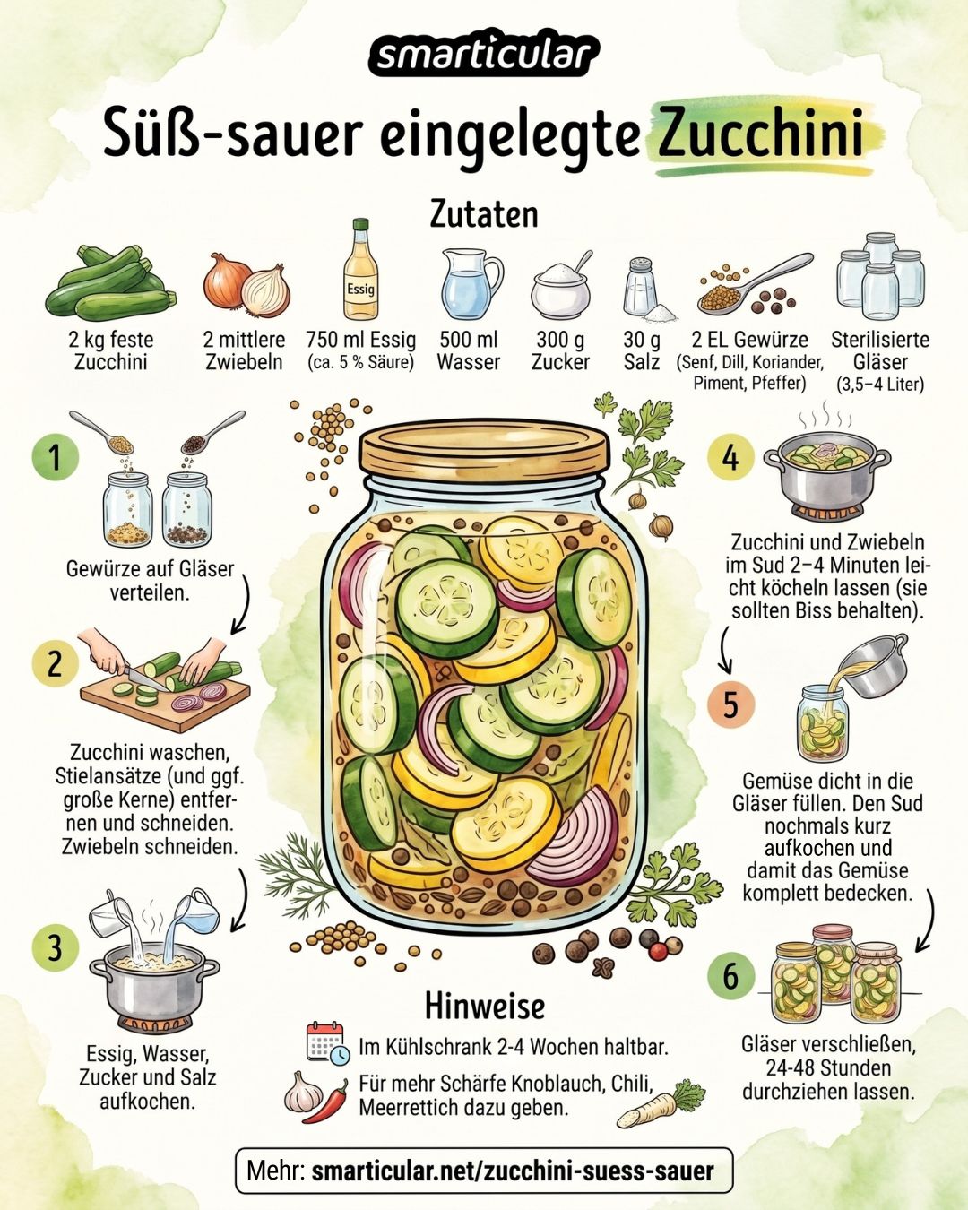 Zucchini süß sauer einzulegen ist ganz einfach und sorgt dafür, dass die sommerliche Zucchini-Ernte bis in den Winter haltbar ist.
