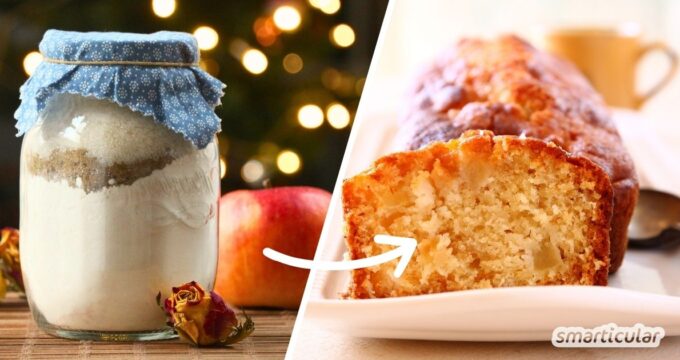 Eine hübsche Apfelkuchen-Backmischung im Glas kannst du mit wenigen Handgriffen selber machen - zum Verschenken oder Selbst-Genießen.