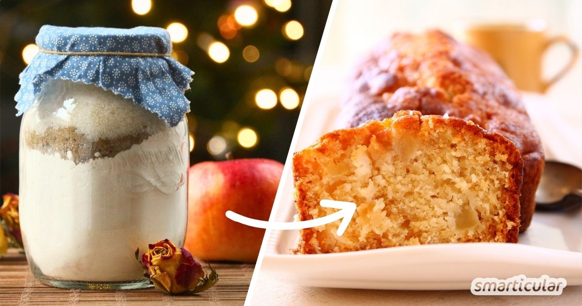 Eine hübsche Apfelkuchen-Backmischung im Glas kannst du mit wenigen Handgriffen selber machen - zum Verschenken oder Selbst-Genießen.