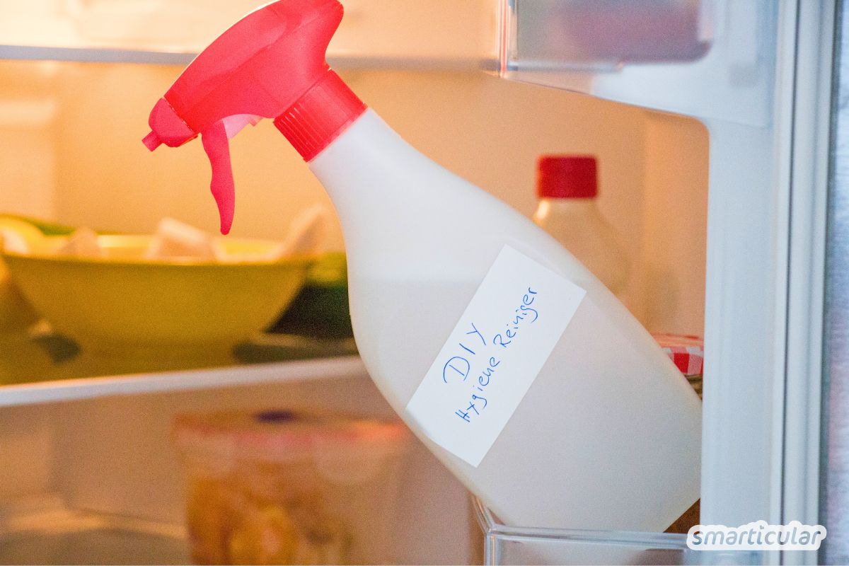 Nur Essig und Wasser: So schnell kannst du einen effektiven Kühlschrankreiniger selber machen. Sparsam, chemiefrei und lebensmittelecht.
