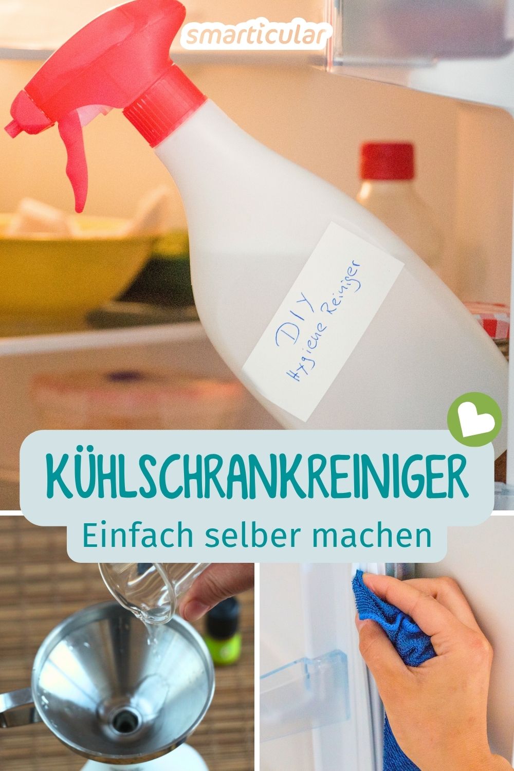 Nur Essig und Wasser: So schnell kannst du einen effektiven Kühlschrankreiniger selber machen. Sparsam, chemiefrei und lebensmittelecht.