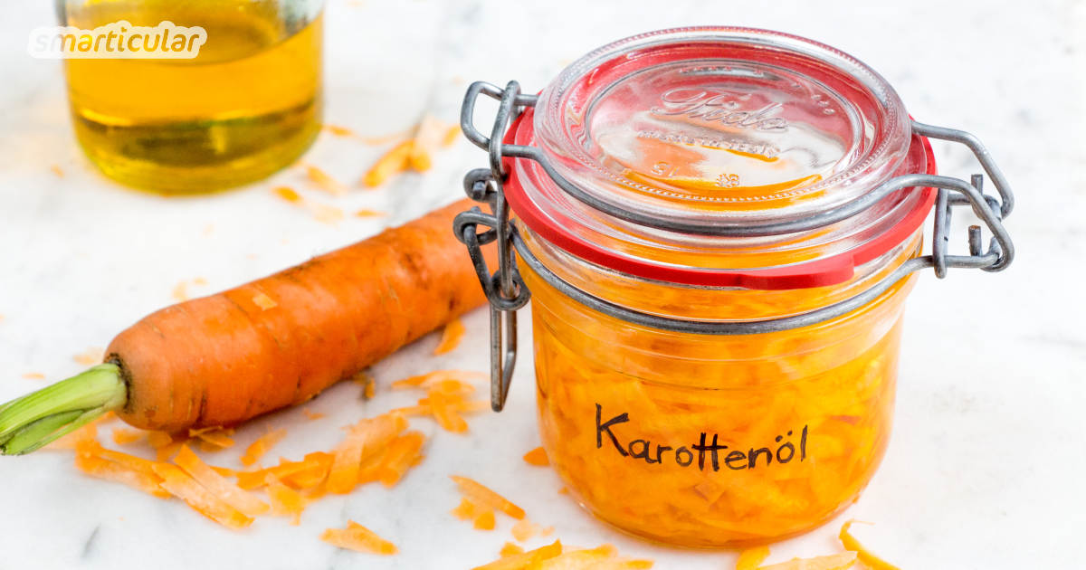 Karottenöl lässt sich kinderleicht selbst herstellen. Es enthält hautpflegendes Vitamin A sowie dessen Vorstufe Beta-Carotin und lässt sich auch für die Haarpflege verwenden.