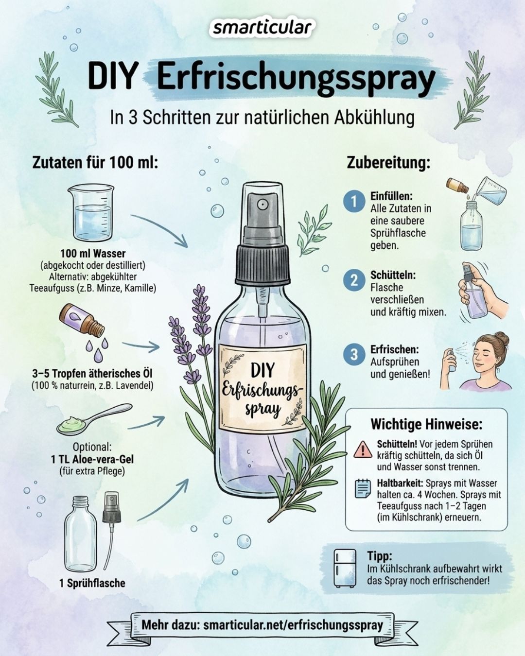 Erfrischungsspray kannst du leicht selbst herstellen! Das spart Abfall und du pflegst die Haut mit natürlichen Inhaltsstoffen.