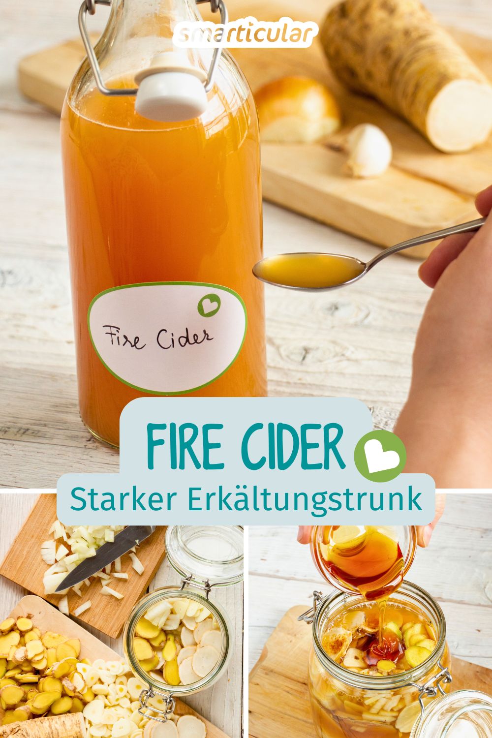 Fire Cider ist ein feuriger Sud aus Meerrettich, Ingwer, Knoblauch und Zwiebeln. Er wärmt und hilft gegen typische Erkältungsbeschwerden.