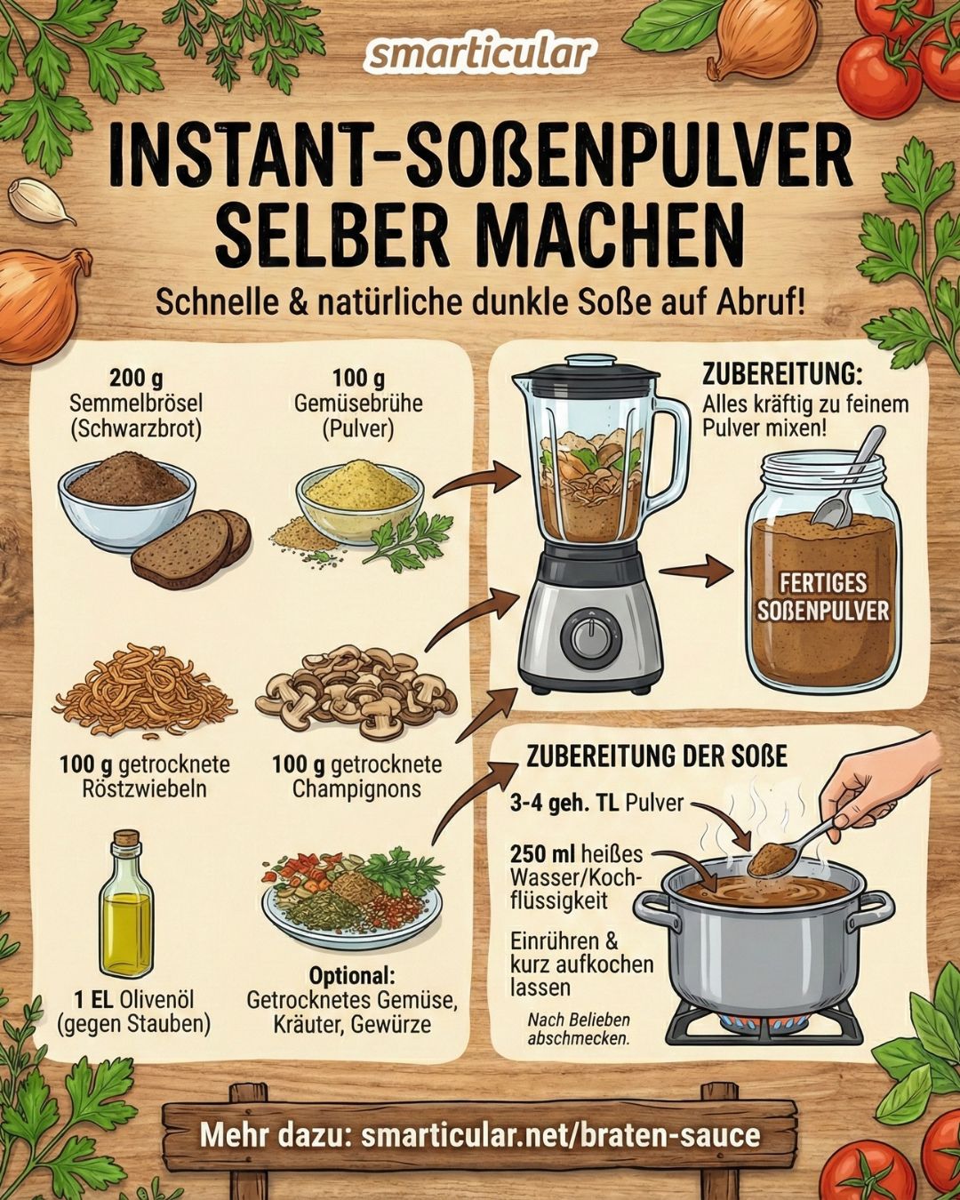 Wer braucht schon künstliche Aromen und andere Zusatzstoffe - mit diesem einfachen Rezept kannst du Einrührpulver für dunkle Soßen ganz einfach selber machen.