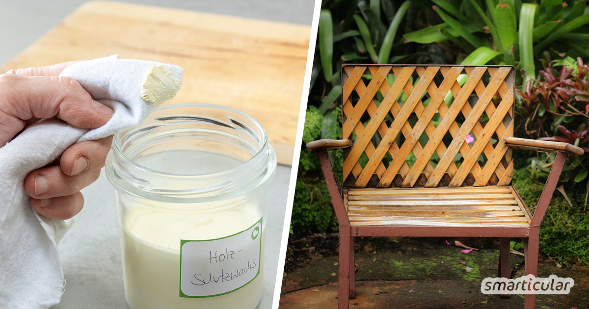 Mit einem selbst gemachten Holzschutz-Anstrich aus Öl und Wachs kannst du deine Gartenmöbel vor Sonne und Regen schützen und sie lange schön erhalten.