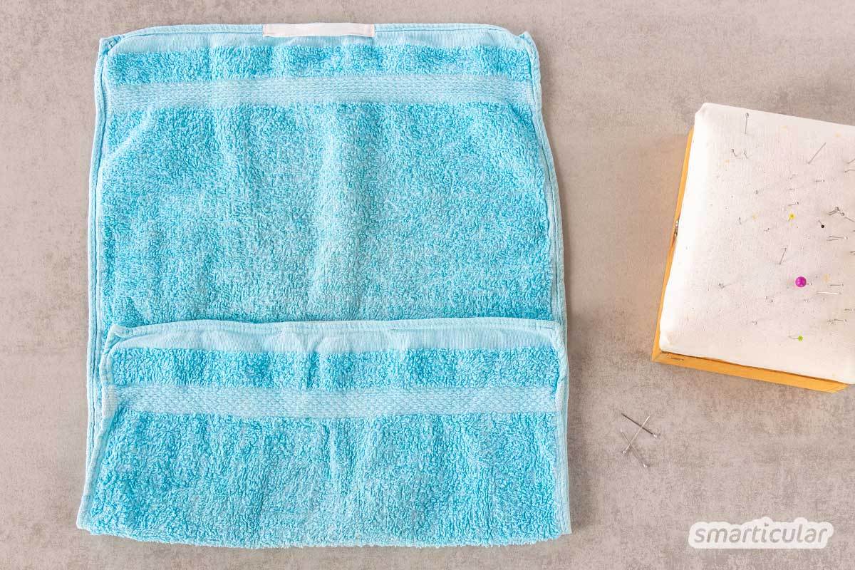 Einen Kulturbeutel aus einem alten Handtuch können auch Anfänger einfach und schnell selber nähen - praktisch und plastikfrei.