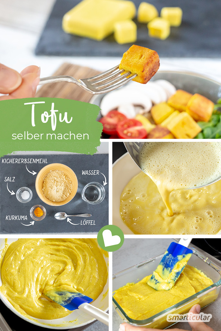 Kichererbsen-Tofu ist eine leckere Alternative zu Soja-Tofu, die sich aus Kichererbsenmehl einfach und schnell selber machen lässt.