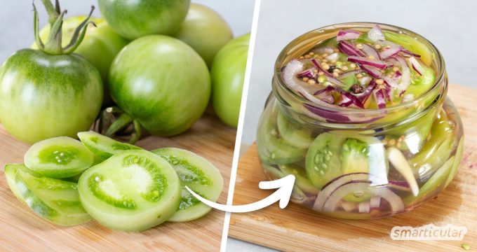 Grüne Tomaten nicht wegwerfen, sondern einlegen und später im Jahr genießen! Mit diesem Rezept verwertest du unreife Tomaten einmal anders: Herzhaft und köstlich frisch.