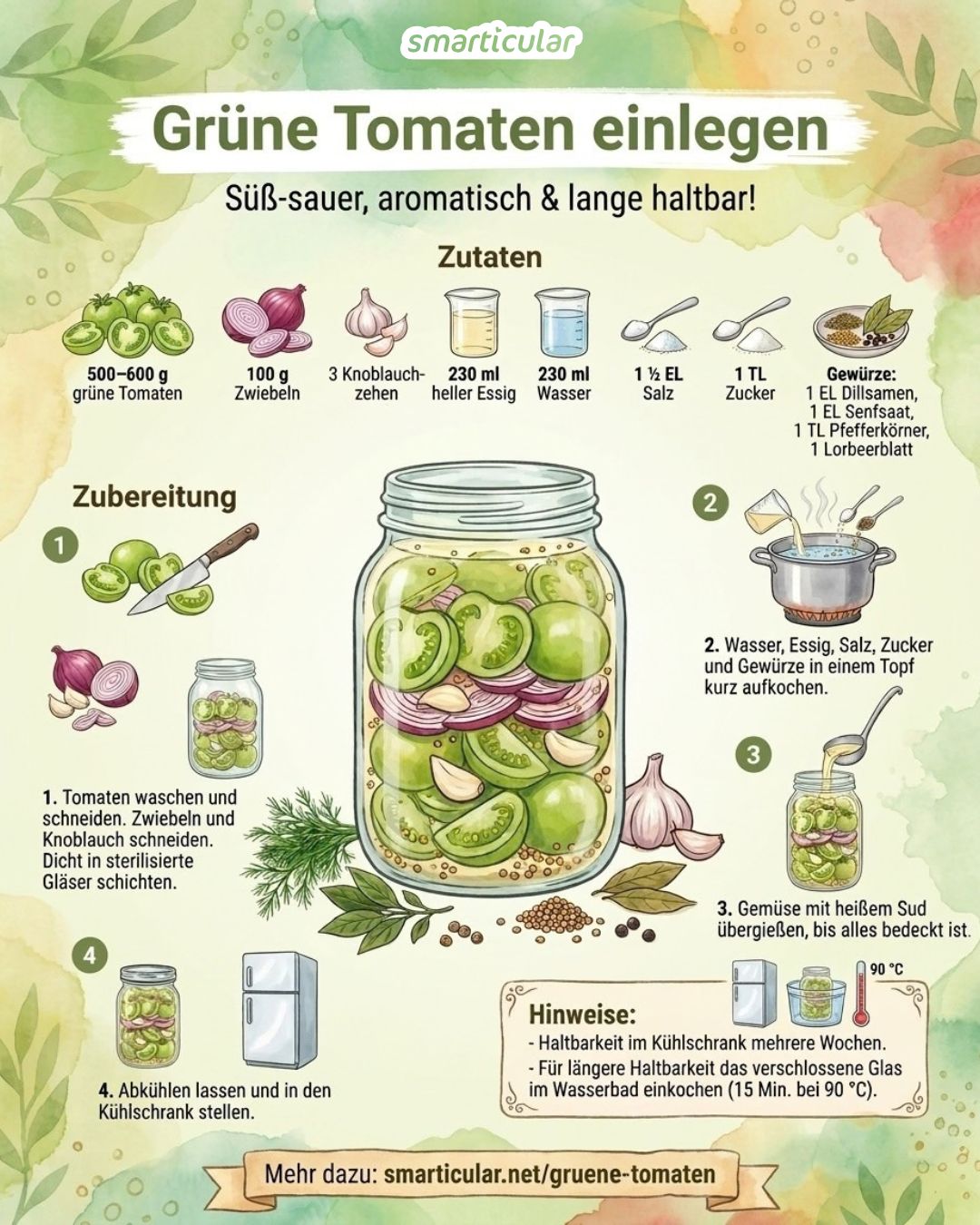 Grüne Tomaten nicht wegwerfen, sondern einlegen und später im Jahr genießen! Mit diesem Rezept verwertest du unreife Tomaten einmal anders: Herzhaft und köstlich frisch.