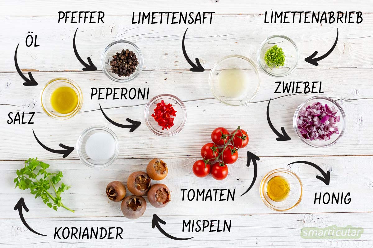 Auf die Mispel, fertig, los! Die heimische Mispelfrucht ist die perfekte Zutat für Marmeladen, Mus oder Salsa. So einfach gelingt der köstliche Mispel-Salsa-Dip!