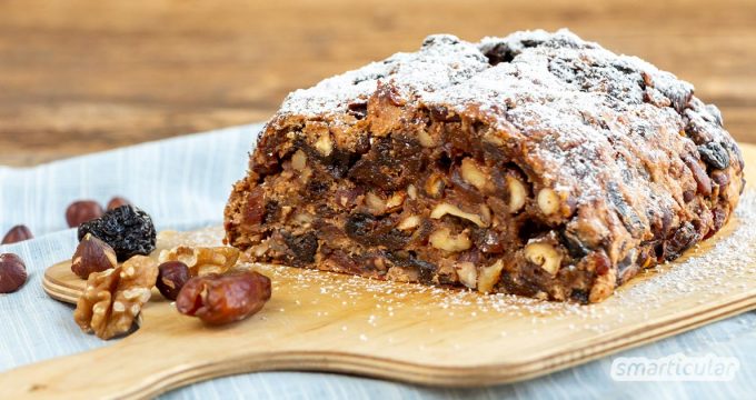 Dieses Früchtebrot-Rezept ergibt kein Brot im eigentlichen Sinne. Denn die Hauptzutaten sind Reste von Nüssen und Trockenfrüchten aus der Weihnachtszeit.