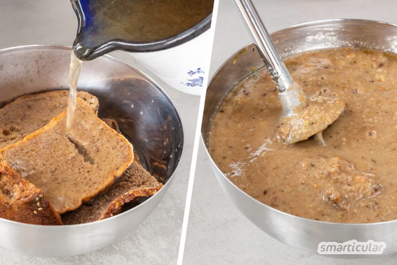 Mit Brotsuppe kann man einfach, schnell und immer wieder anders alte Brotreste verwerten. Hier findest du zwei Brotsuppen-Rezepte als Basis für eigene Ideen.