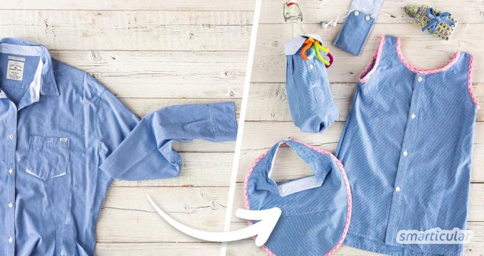 Ein altes Oberhemd ist viel zu schade für die Kleidersammlung, denn es lässt sich beispielsweise zu einem Kinderkleid, einer Kissenhülle oder einem Brotbeutel upcyceln.