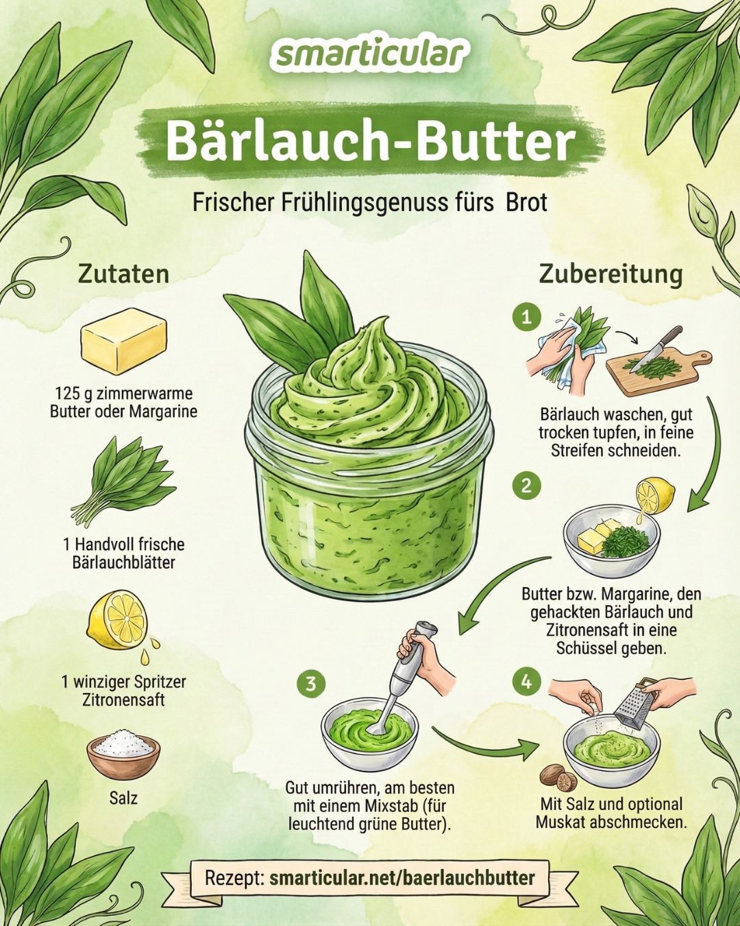 Eine aromatische Bärlauch-Butter ist schnell gemacht und eignet sich als gesunder Brotaufstrich, zum Grillen und für vieles mehr.
