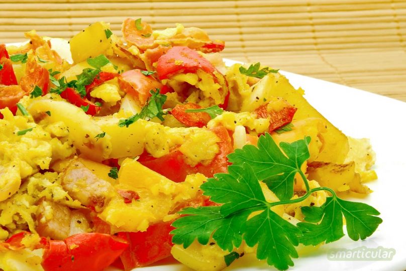 Bauernfrühstück zur Resteverwertung von Kartoffeln - geht auch vegan ...