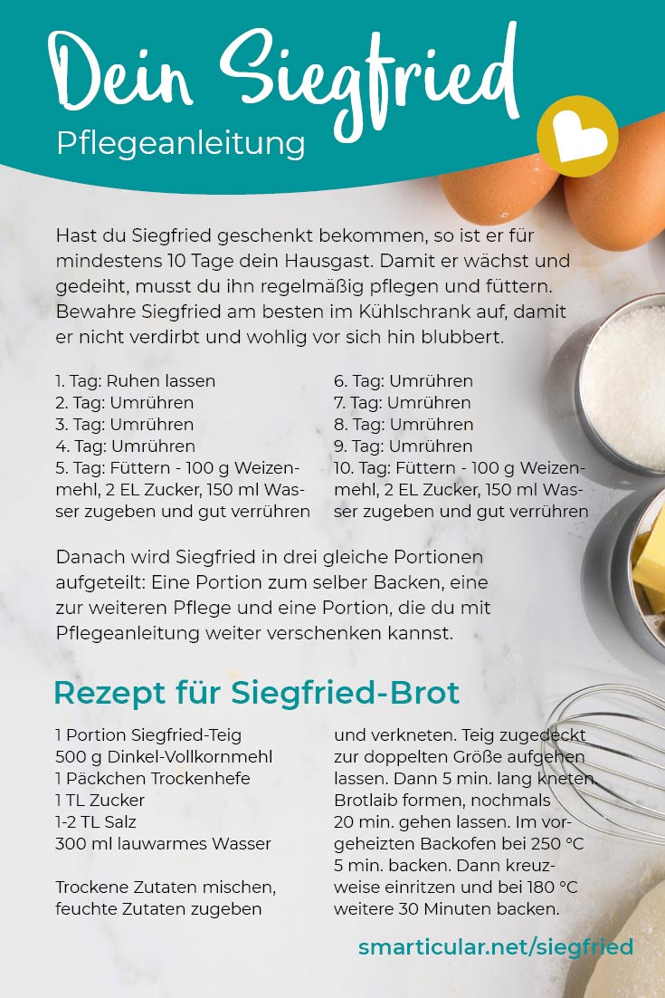 Der Siegfried-Teig ist mit dem Hermann-Teig verwandt. Siegfried kann, ebenso wie der süße Hermann, selber angesetzt werden, ist aber für herzhafte Rezepte geeignet.