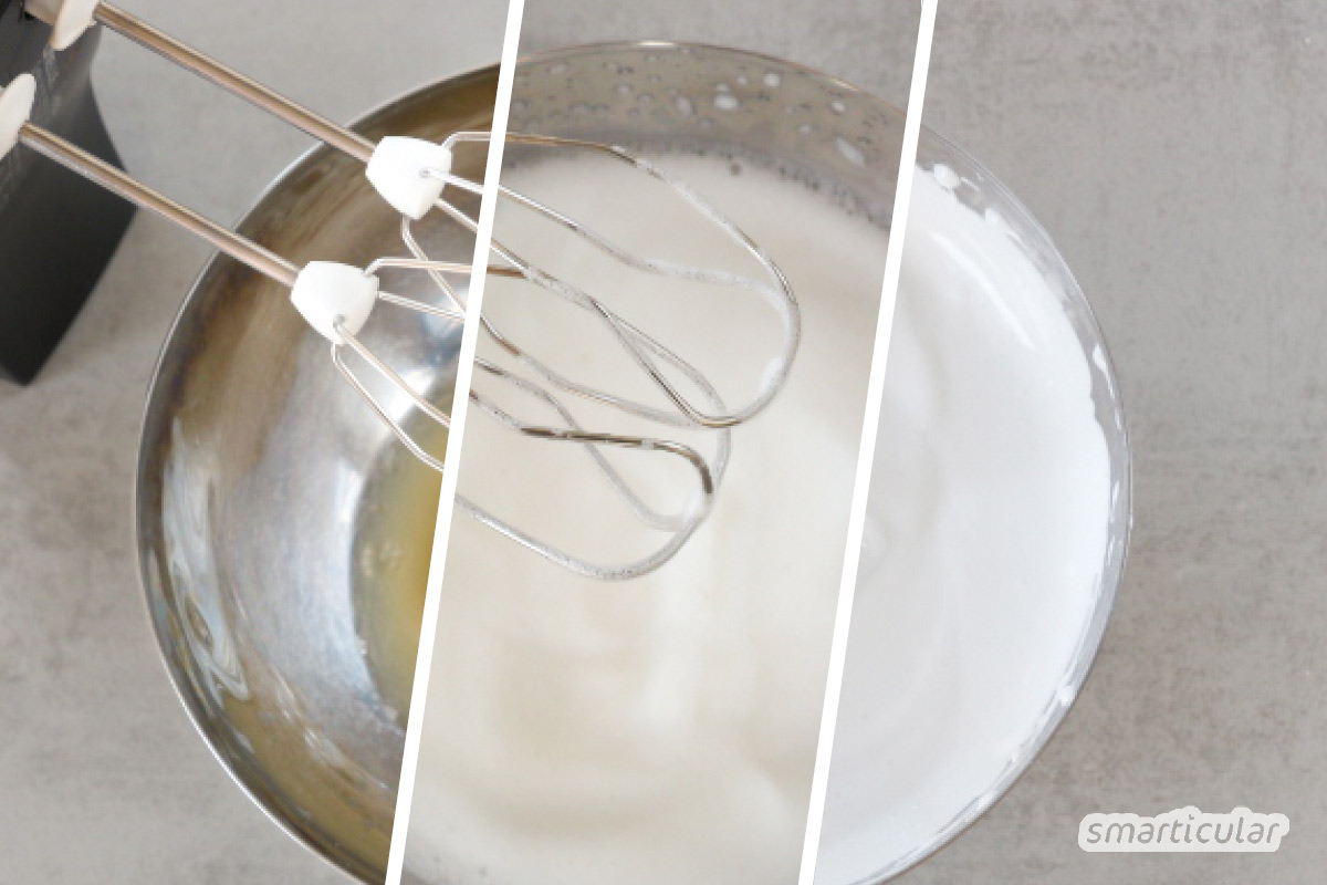 vegane-baisers-selber-machen-aquafaba-3 Vegane Baisers aus aufgeschäumtem Aquafaba lassen sich mit diesem Rezept genauso einfach zubereiten wie aus Eischnee. Die Kichererbsen schmeckt man nicht heraus.