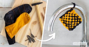 Alte Socken können zu Waschlappen, Topfuntersetzern oder Küchenschwämmen werden. Hier gibt’s die DIY-Anleitung für einen Tawashi-Schwamm!