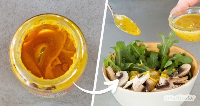 Senfreste gleich im Glas verwerten, statt es umständlich auszukratzen: Mit den Resten von Senf mixt du im Handumdrehen ein köstliches Honig-Senf-Dressing.