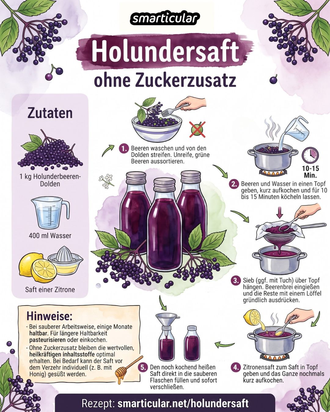 Holundersaft selber zu machen, ist nicht schwer. Der vitalstoffreiche, zuckerfreie Trunk stärkt die Immunabwehr und lindert Erkältungskrankheiten.