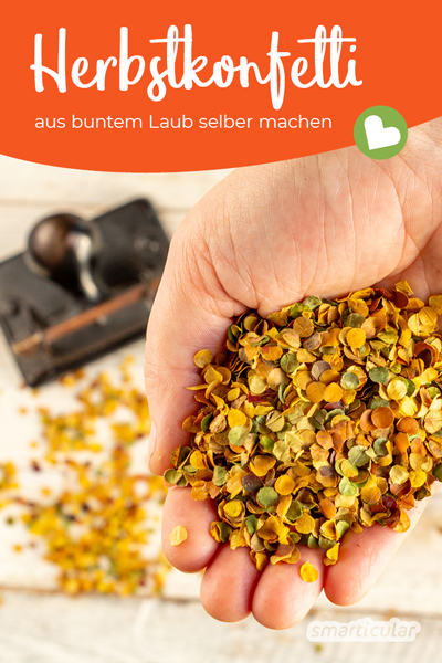 Statt aus Papier lässt sich auch aus buntem Herbstlaub wunderschönes, natürliches Konfetti selber machen - kostenlos und bestens biologisch abbaubar.