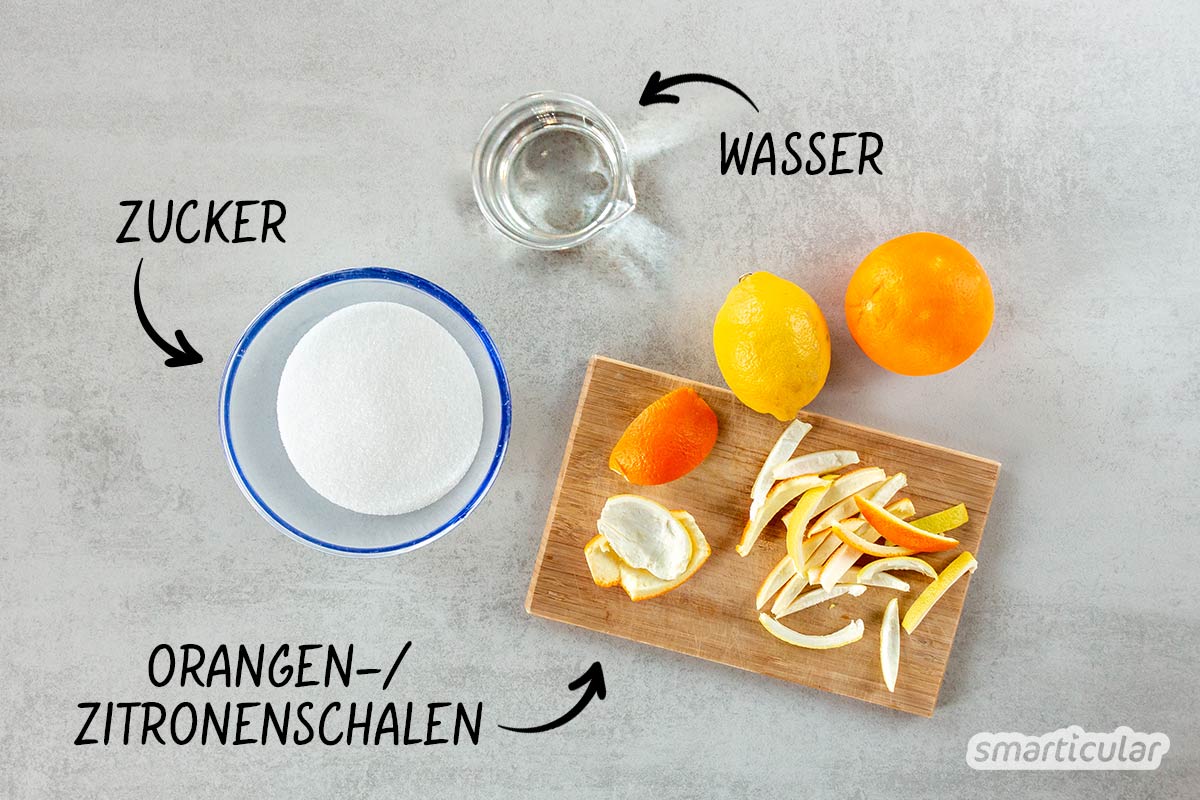Anstatt die Schalen von Zitrusfrüchten wegzuwerfen, lassen sich zum Beispiel daraus kandierte Orangenschalen selber machen - als lang haltbare Süßigkeit!