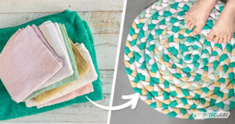 Ein Badteppich lässt sich ganz einfach selber machen. Dafür werden alte Handtücher in Streifen geschnitten und ein Teppich daraus geflochten.
