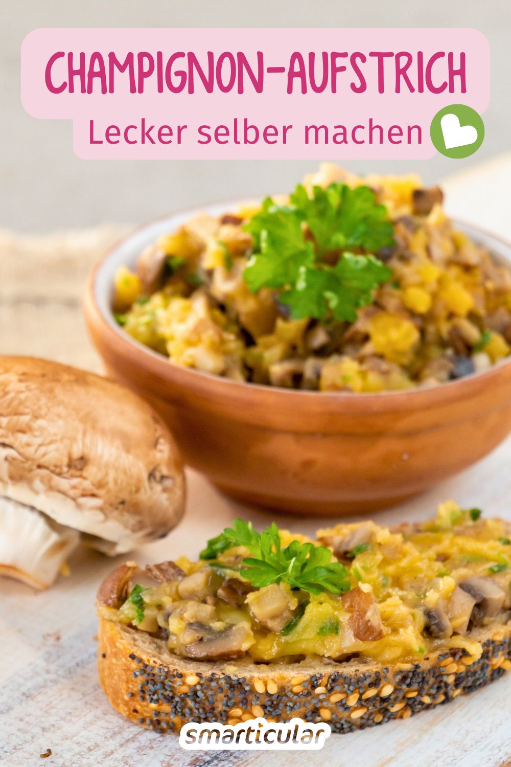 Ein würziger Champignon-Aufstrich lässt sich im Handumdrehen aus nur wenigen Zutaten selber machen - auf Wunsch vegan und beliebig gewürzt.