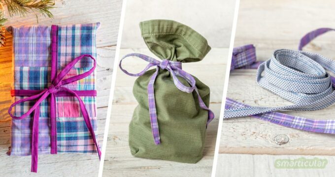 Geschenkverpackungen zu nähen, ist eine gute Möglichkeit, um Verpackungsmüll zu vermeiden. Hier findest du Ideen für wiederverwendbares Geschenkpapier, Bänder und Anhänger.