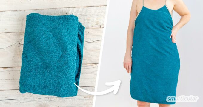 Ein Handtuchkleid zu nähen, ist ganz einfach mit einem ausgedienten Badetuch. Das entstandene Strand- oder Saunakleid macht die Umkleide überflüssig.