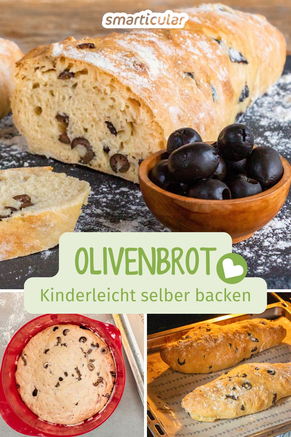 Köstliches Olivenbrot kannst du mit diesem Rezept leicht selber backen. Wenige Minuten Arbeit und etwas Geduld - mehr braucht es nicht.