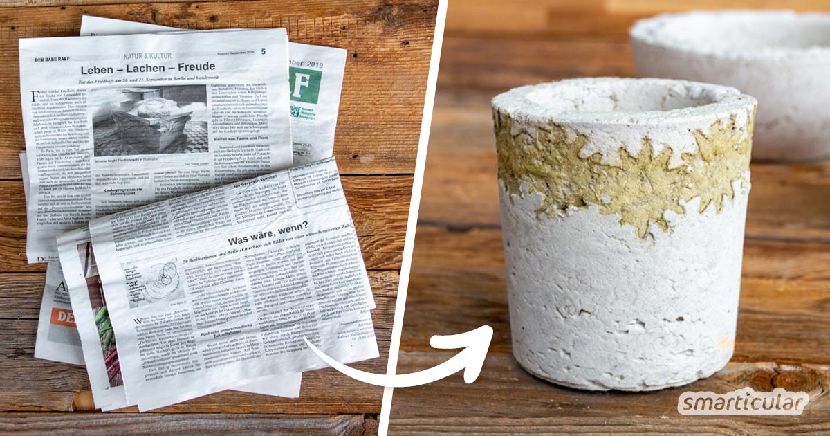 Mit Papierbeton kannst du Altpapier upcyceln - aus der Masse lassen sich robuste, wasserfeste und leichte Blumentöpfe und Schalen selber machen.