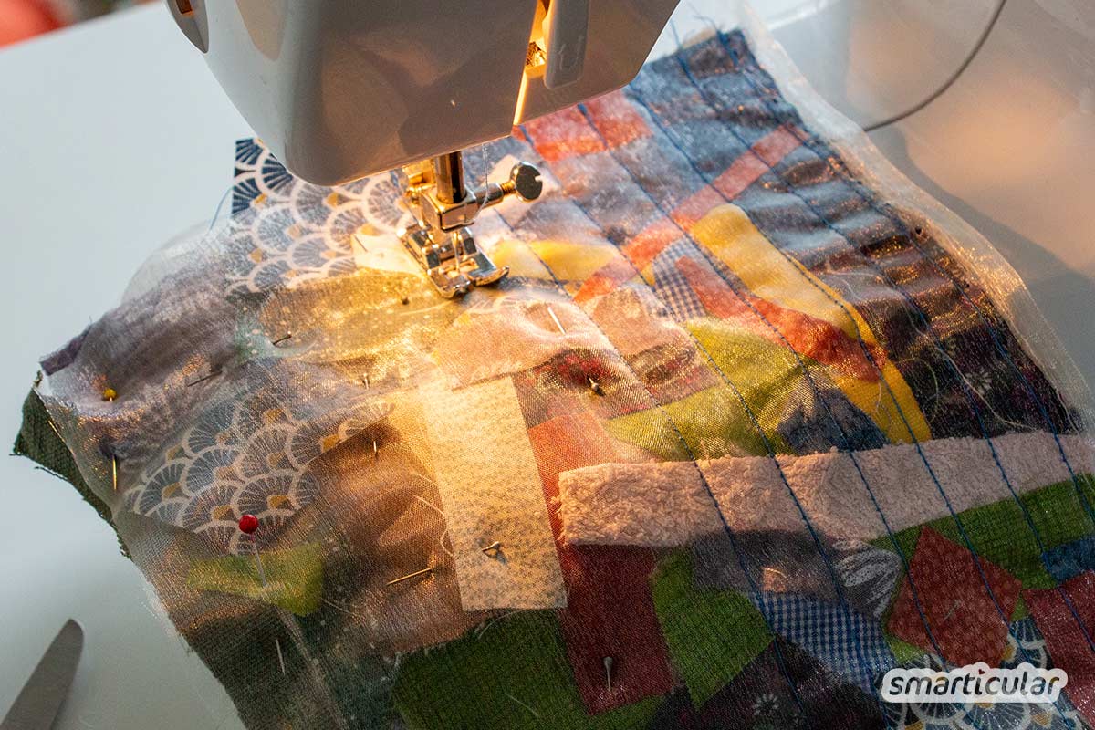 Mit der Pizzatechnik lassen sich Stoffreste verwerten: Trägerstoff mit den Resten belegen, eventuell mit Vlies abdecken, zusammennähen - fertig für die Weiterverwendung!