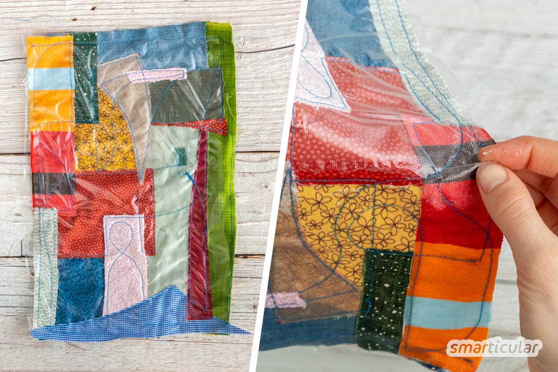 Mit der Pizzatechnik lassen sich Stoffreste verwerten: Trägerstoff mit den Resten belegen, eventuell mit Vlies abdecken, zusammennähen - fertig für die Weiterverwendung!