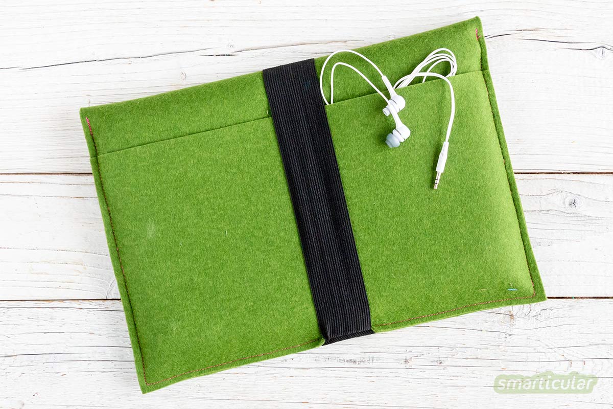 Eine Laptoptasche lässt sich aus Filz, zum Beispiel von einem eingelaufenen Pullover, ganz einfach selber nähen.
