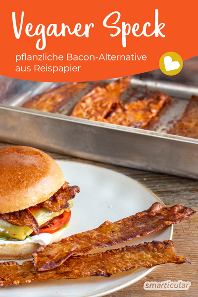 Eine pflanzliche Alternative zu Bacon lässt sich aus Reispapier zubereiten. Der vegane Speck schmeckt und sieht aus wie das Original!
