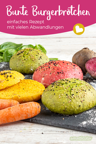Bunte Burgerbrötchen selber zu machen, gelingt mit Gemüse im Teig: Süßkartoffeln, Rote Bete, Möhren oder Spinat - alles ist möglich mit diesem Rezept!