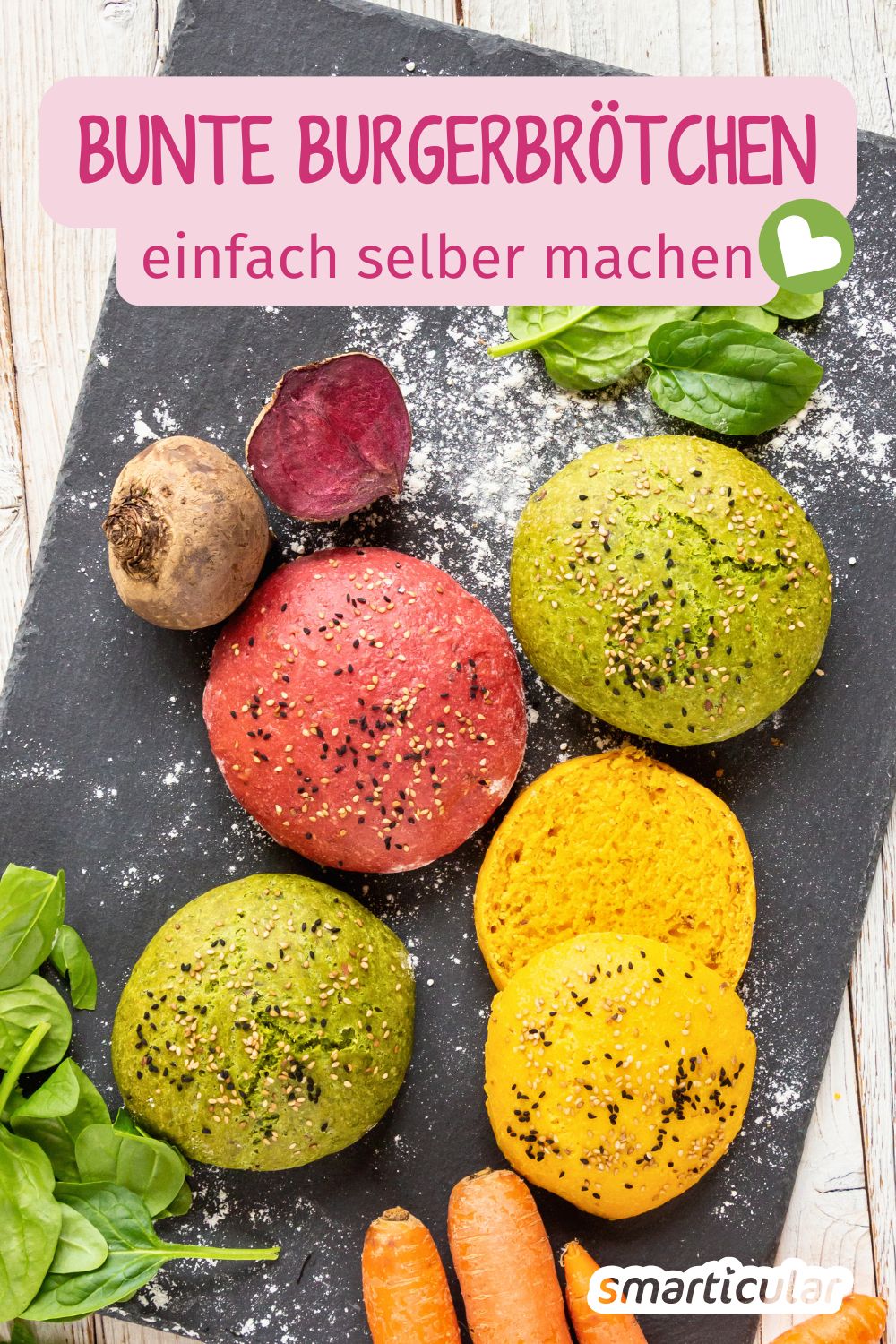 Bunte Burgerbrötchen selber zu machen, gelingt mit Gemüse im Teig - zum Beispiel mit Süßkartoffeln, Rote Bete, Möhren oder Spinat.