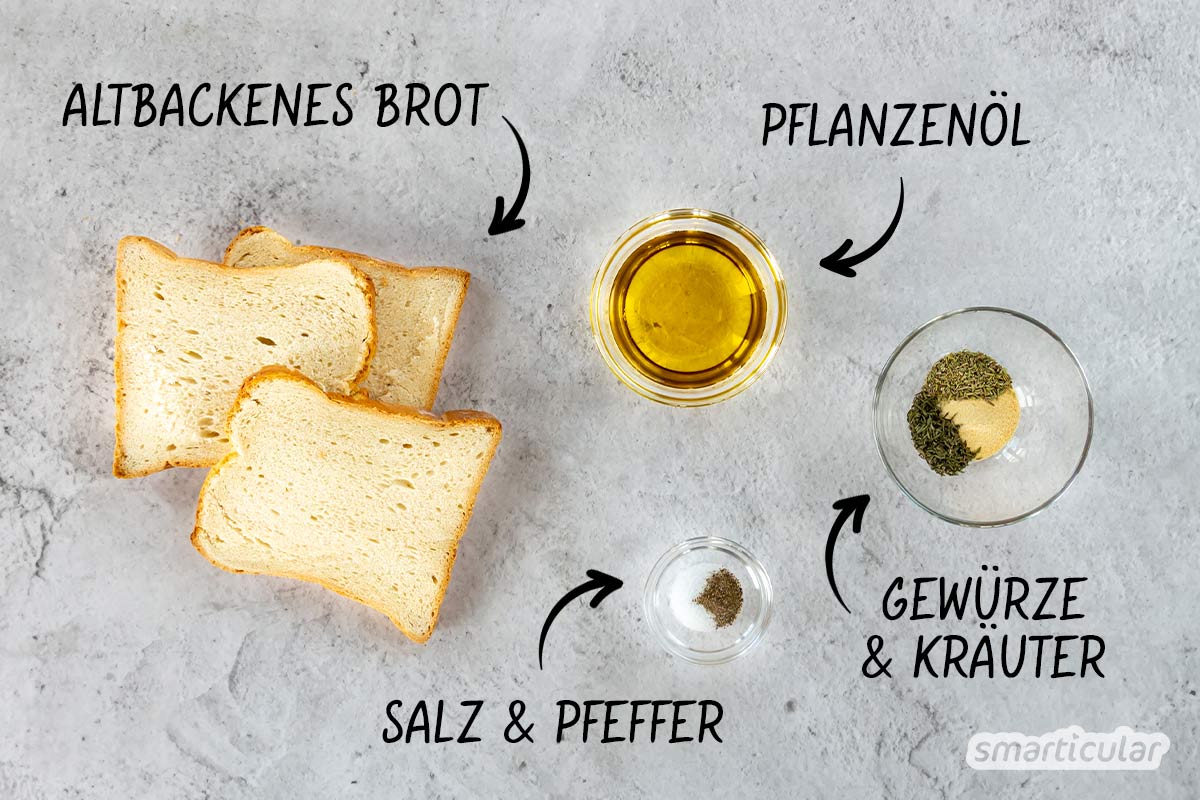 Altbackenes Brot ist viel zu schade für die Tonne! Nutze es doch stattdessen, um köstliche Croûtons selber zu machen - einfach und gelingsicher.