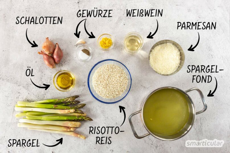 Dieses Rezept für Spargelrisotto ist nicht nur zur Verwertung von Spargelresten eine gute Idee. Der Spargelgeschmack verbindet sich perfekt mit dem cremigen Reisgericht.