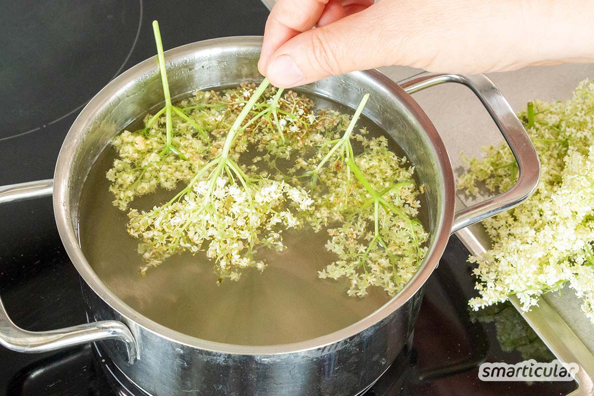 Mit diesem Rezept für Holunderblütensirup lässt sich der Sommer haltbar machen. Lecker für aromatisiertes Wasser und andere Getränke sowie Süßspeisen!