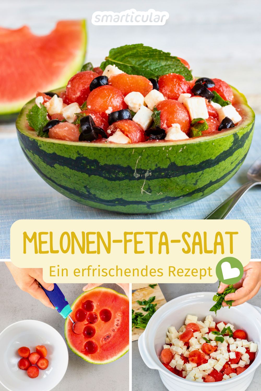 Ein erfrischender Melonen-Feta-Salat ist in ein paar Minuten zubereitet und kommt mit wenigen Zutaten aus - ein ideales Sommer-Rezept!
