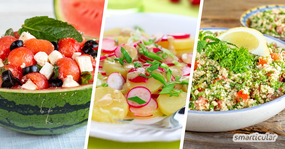 Sommersalate sorgen an heißen Tagen für einen erfrischenden Genuss auf dem Teller. Hier findest du drei leichte Salatrezepte als Hauptmahlzeit oder Beilage.